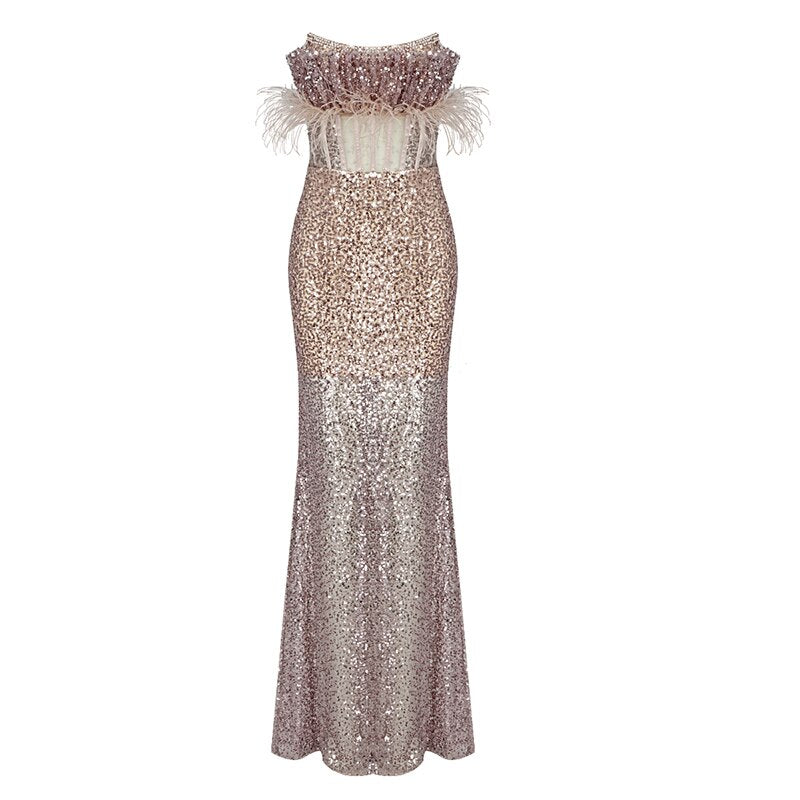 New Apricot Pink Tube Top Mesh Sequin Long Skirt Evening Dress Goddess Toast Party Dress - KAISERINC