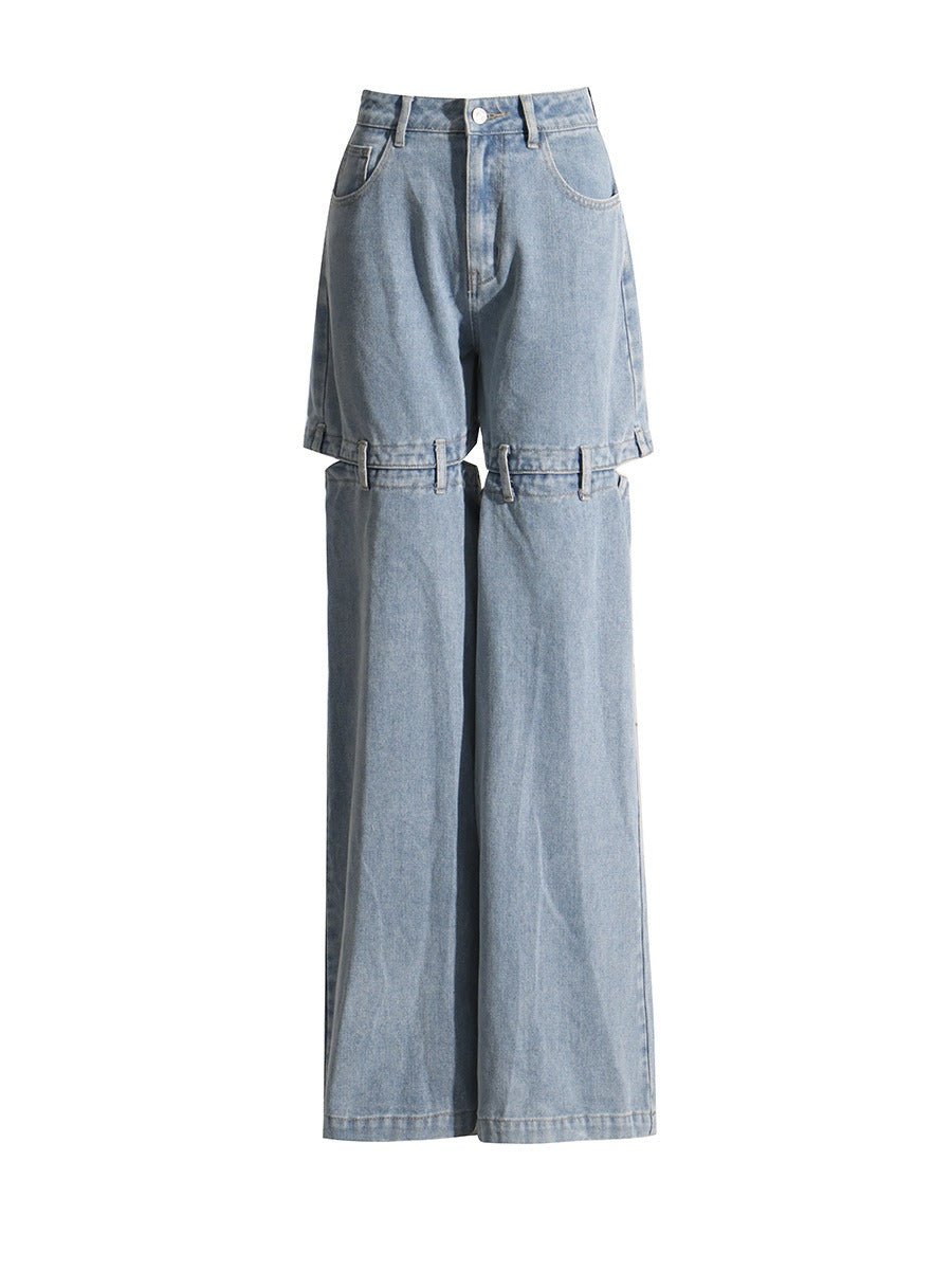 Solid Hollow Out Jeans For Women High Waist Patchwork Zipper Minimalist Casual Wide Leg Jean Female - KAISERINC