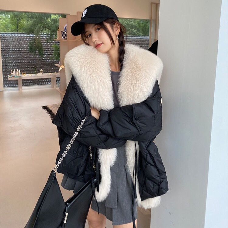 Down Cotton Fur Coat Large Fur Collar Detachable Thickened Women's Winter Jacket - KAISERINC