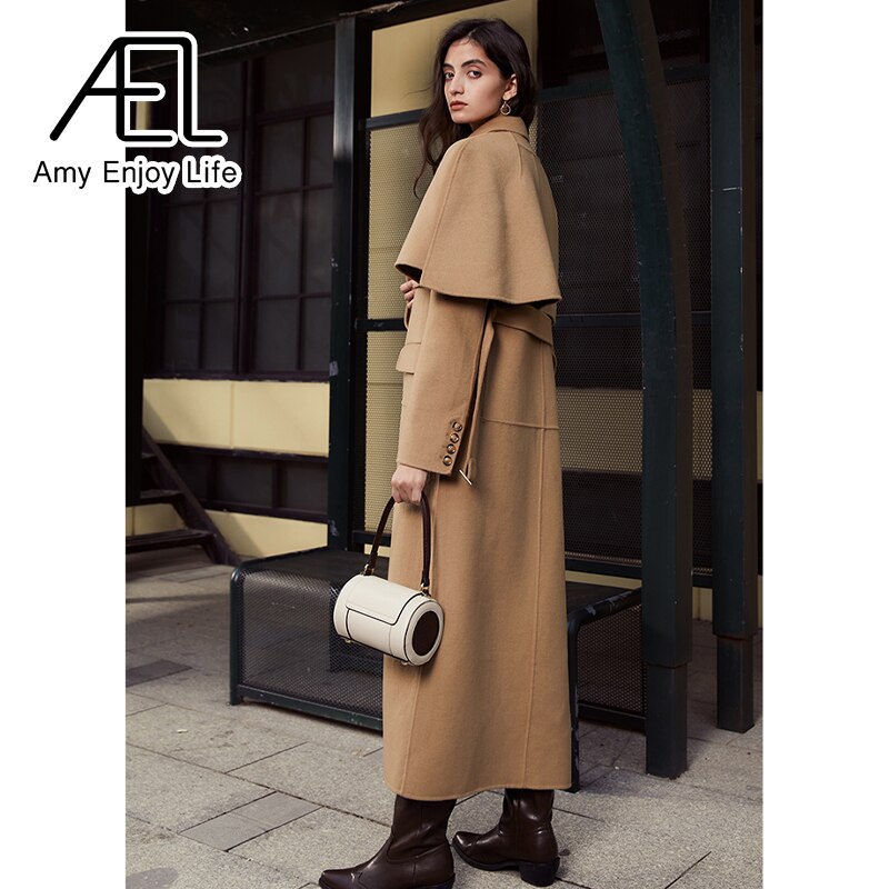 High End Single Breasted Reversible Cloth Shawl Waist Wool Coat Winter New Long Coat