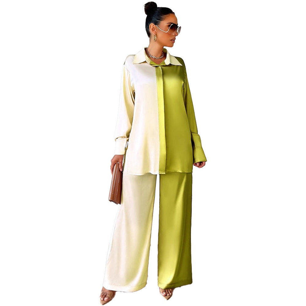 Elegant Satin Women's Matching 2 Piece Sets Casual Long Sleeve Panelled Shirt Pants Suit - KAISERINC