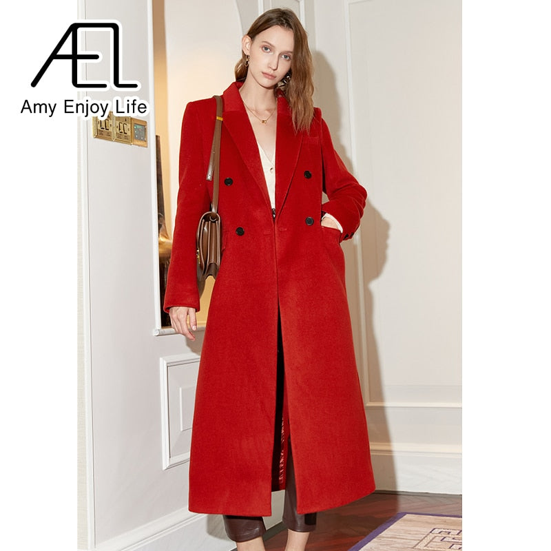 Red Double Breasted Vintage Loose Long Suit Woolen Coat - KAISERINC