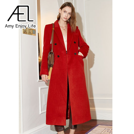 Red Double Breasted Vintage Loose Long Suit Woolen Coat - KAISERINC