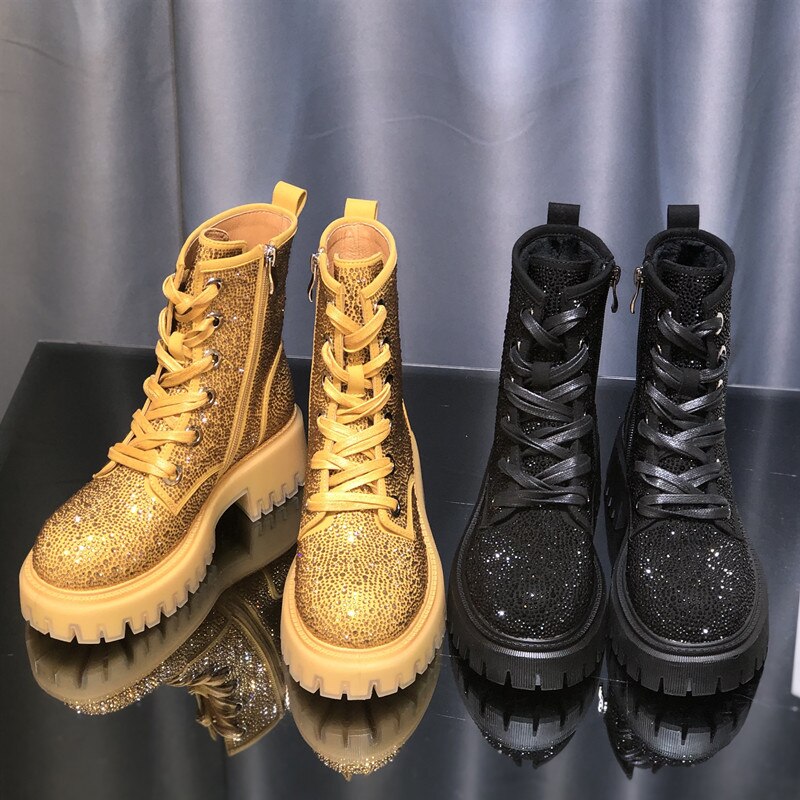 New Autumn and Winter Boots Leather Full Rhinestone Round Toe Thick Bottom Thick Heel Increased Side Zipper Lace-up Martin Boots - KAISERINC