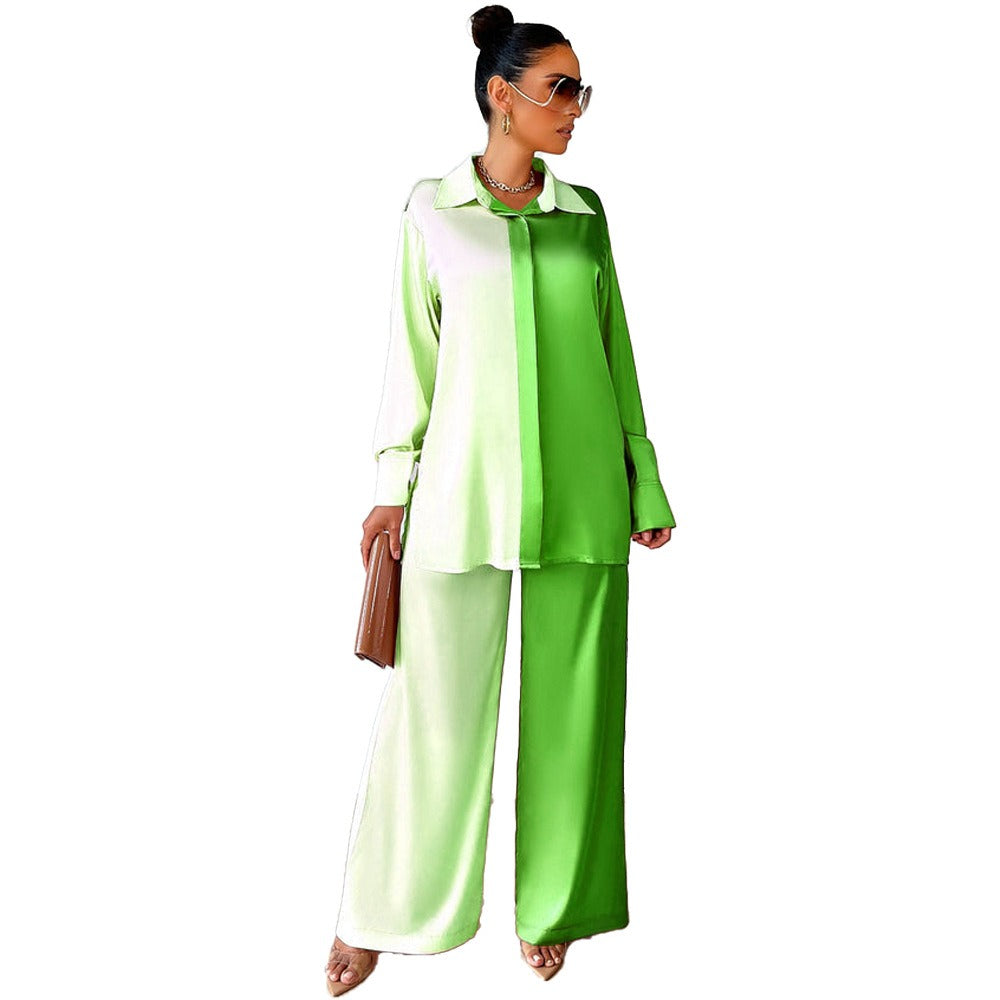 Elegant Satin Women's Matching 2 Piece Sets Casual Long Sleeve Panelled Shirt Pants Suit - KAISERINC
