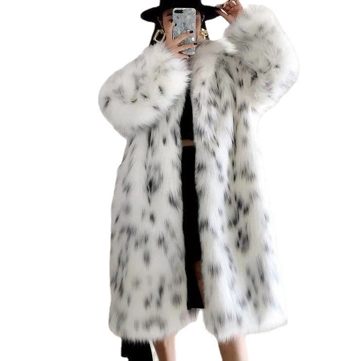Fashion Fluffy Warm Faux Fur Jacket Women Lapel Long Elegant White Leopard Faux Mink Fur Coat Jackets - KAISERINC