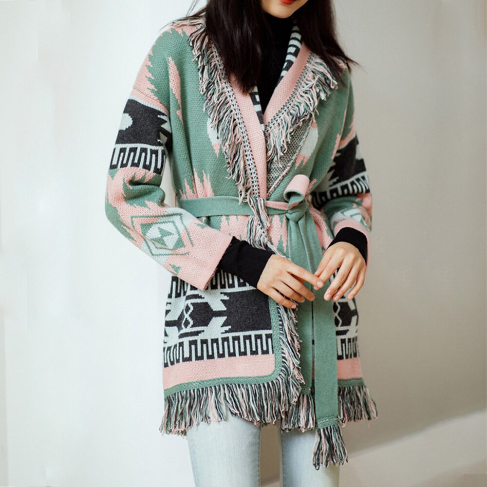 WQJGR Autumn Winter Cardigan Sweater Women Wool Kniited Tassel Colorful Print Loose Full Sleeve Fashion High Quality - KAISERINC