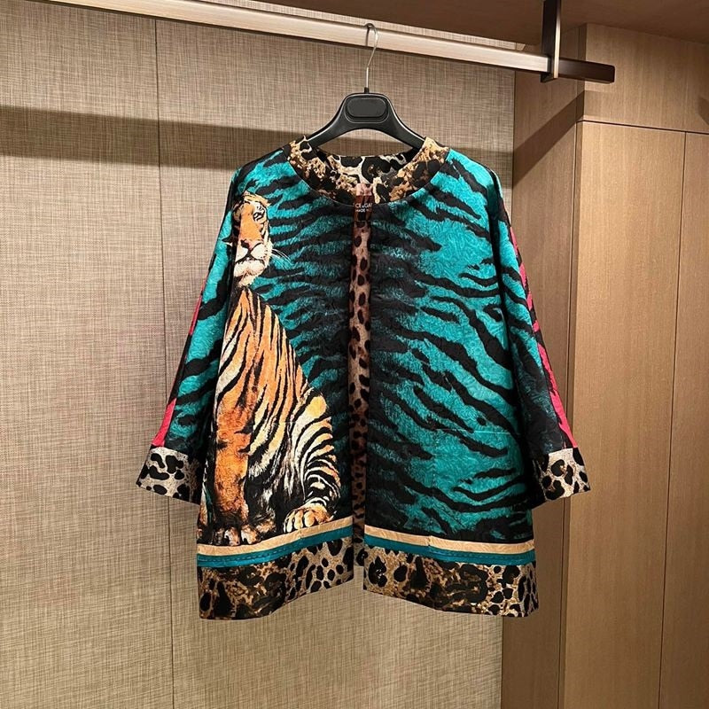 Summer Tiger Year Series Jacquard Leopard Tiger Jacket + Slim High Waist A-Line Skirt Suit - KAISERINC