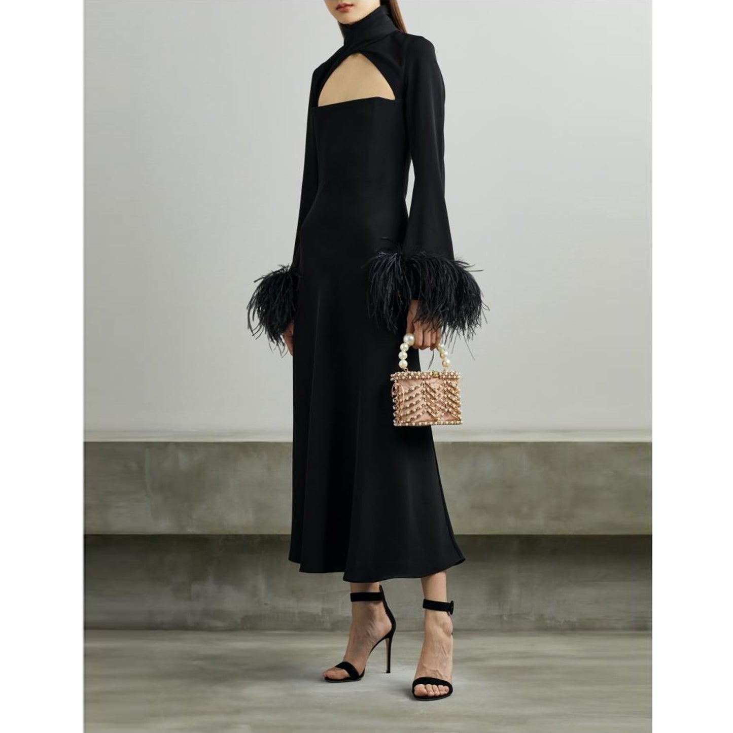 16AR Customized  Women Black Ostrich Feather Trimmed Sleeve Cut-out Black Midi Party Dress High Quality Evening Wedding Dress - KAISERINC