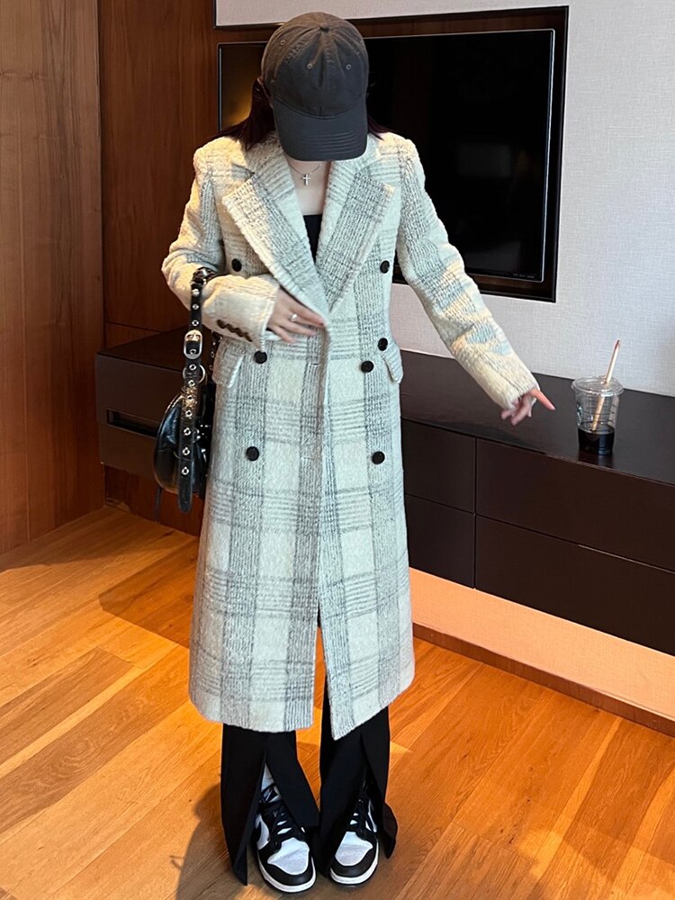 Loose Fit White Plaid Elegant Long Woolen Coat Parkas New Long Sleeve Women Fashion Trend Autumn Winter - KAISERINC
