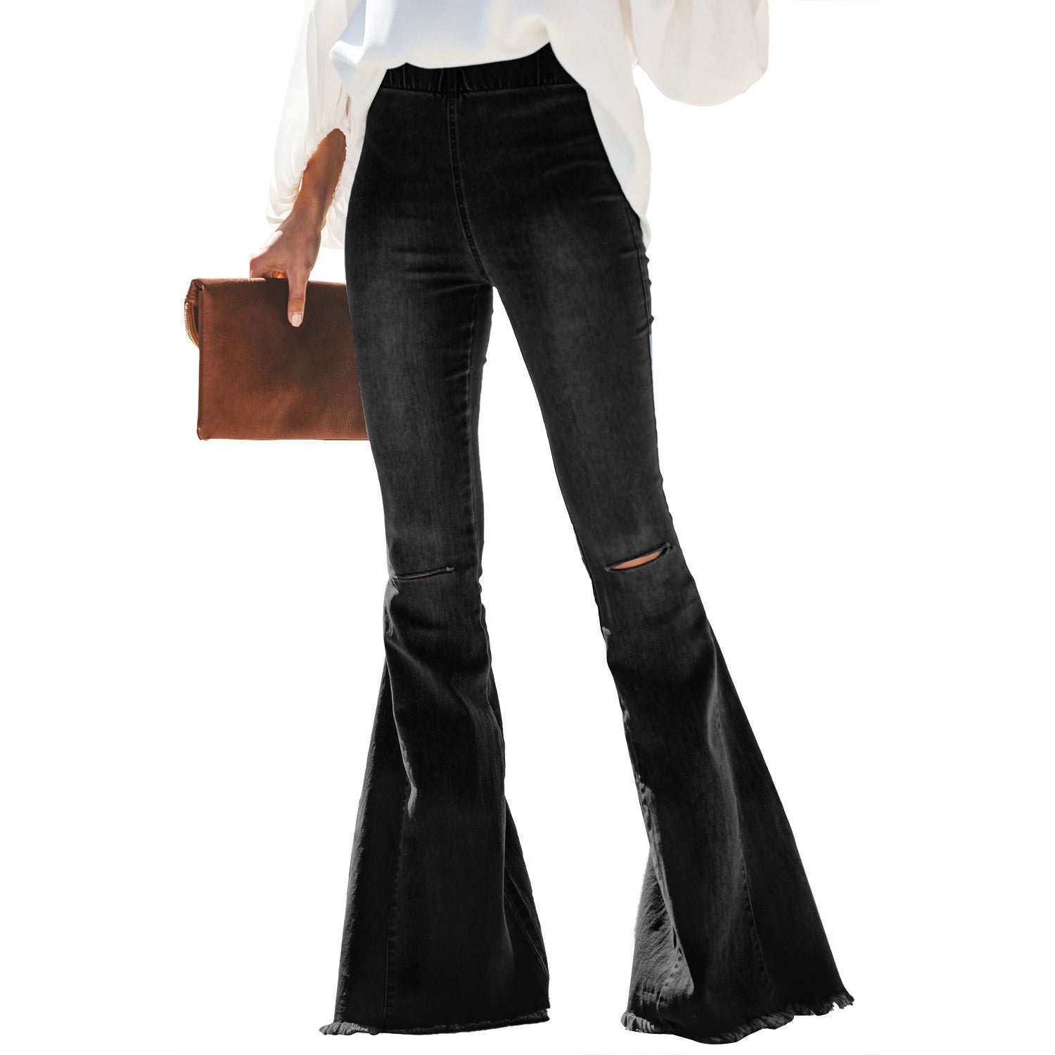 New Black and Blue Women's High Waist Denim Flared Pants Ripped Elastic Waist Jeans - KAISERINC