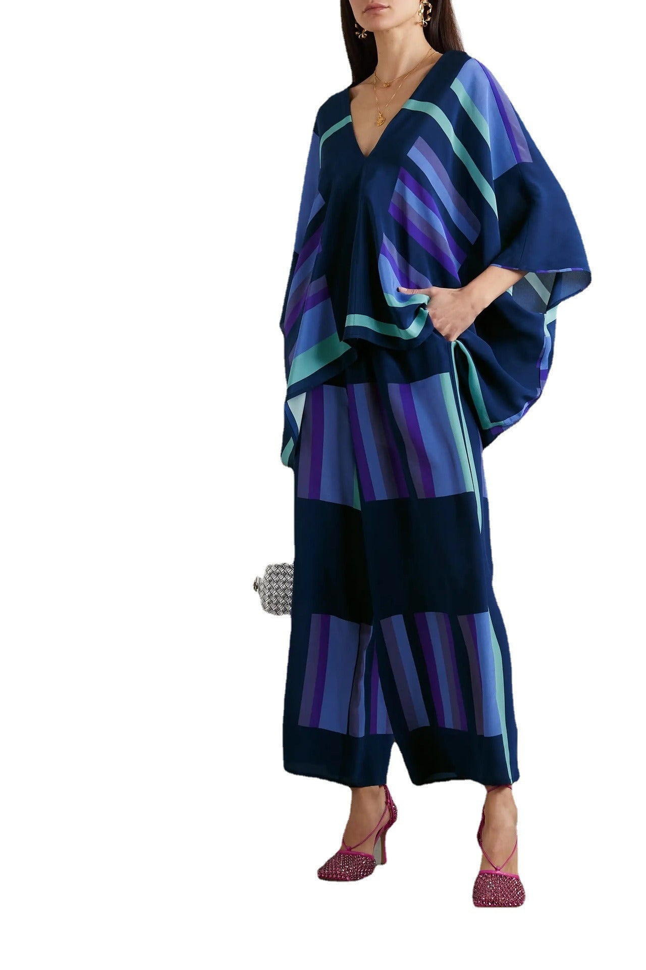 Color Printing Two Piece Sets For Women V Neck Batwing Sleeve Tops High Waist Pant Loose Casual Set Female New - KAISERINC
