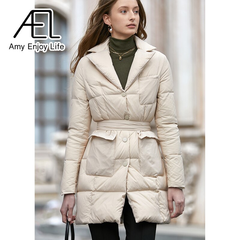 Medium Length Temperament Slim Down Jacket Women's New Suit Collar Waist Cotton Jacket - KAISERINC