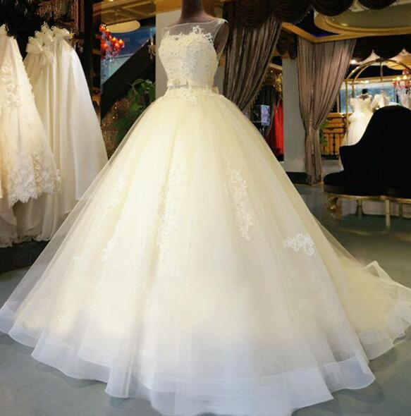 Lace Floor-Length Ball Gown Wedding dress Chapel Train Lace up Beading Bridal Gown - KAISERINC
