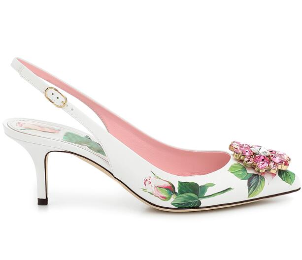White Leather Flower Printed High Heel Shoes Sexy Pointed Toe Crystal Embellisehd Party Wedding Heels Pumps - KAISERINC