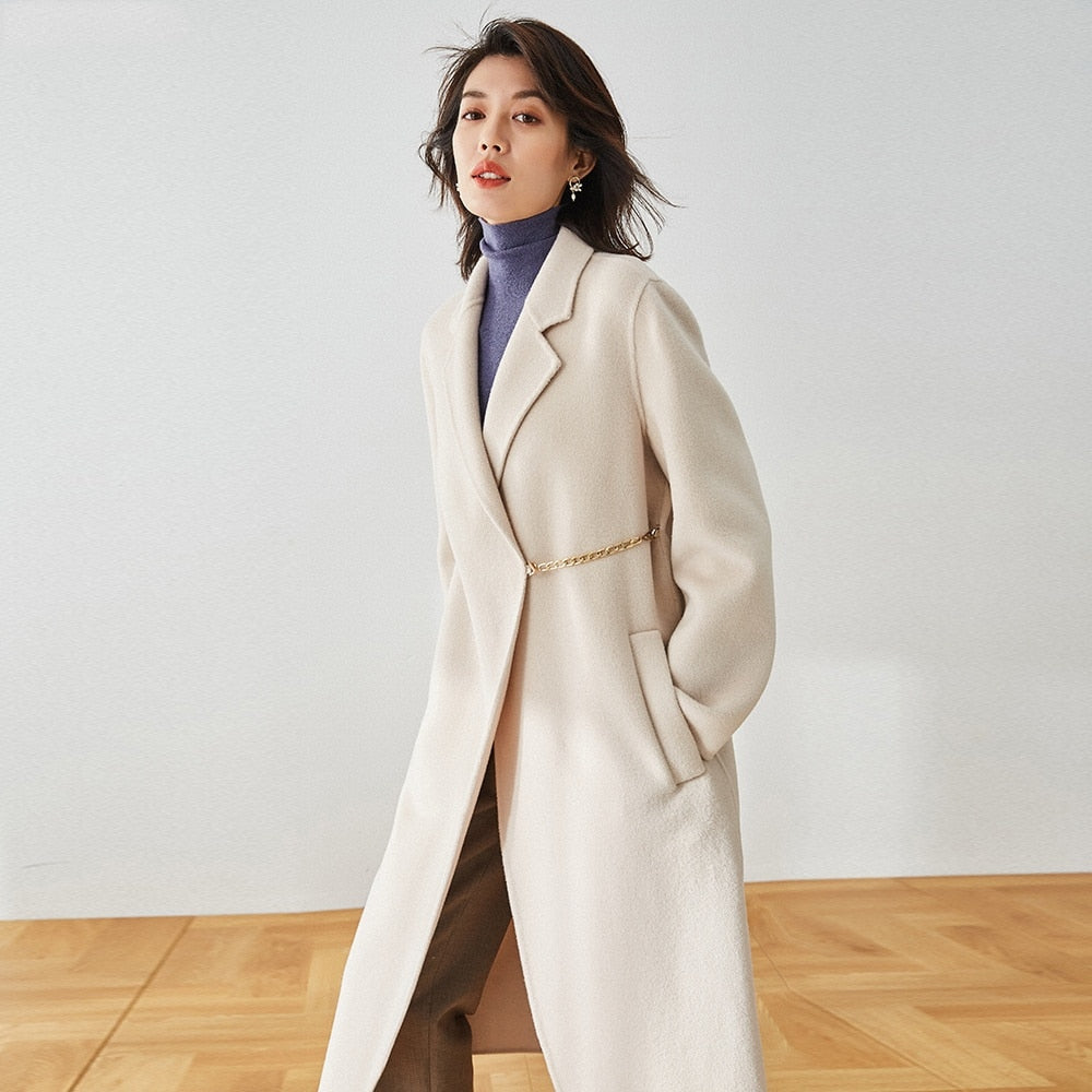 Autumn And Winter Straight Lapel Simple Belt Chain Long Reversible Wool Coat Wool Coat - KAISERINC