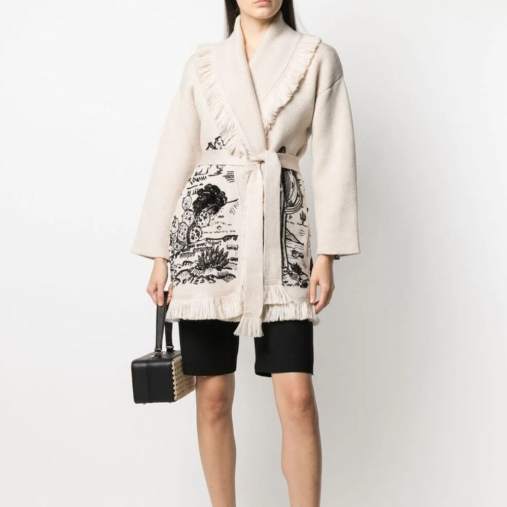 Cardigan Sweater Women Wool Kniited Tassel Doodle Jacquard Loose Full Sleeve High Quality Cashmere Winter Jacket - KAISERINC