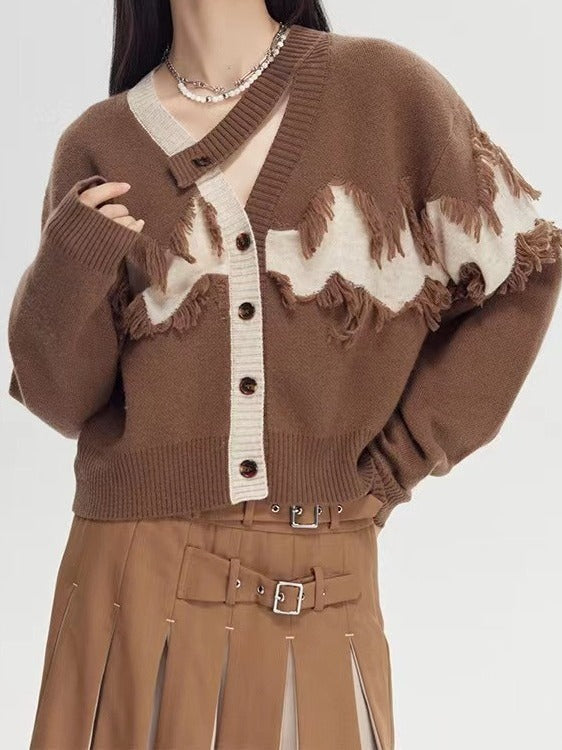 Patchwork Tassel Knitting Sweaters For Women V Neck Long Sleeve Hit Color Casual Loose Sweater Female Fashion - KAISERINC
