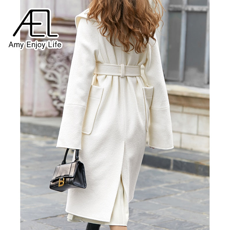 Retro Large Lapel White Tweed Jacket Female Winter New Waist Lacing Tweed Coat - KAISERINC