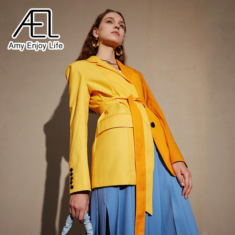 AEL Yellow Blazer Jacket Causal Women Long-Sleeve Loose Coat Color Blocking Fashion Streetwear - KAISERINC