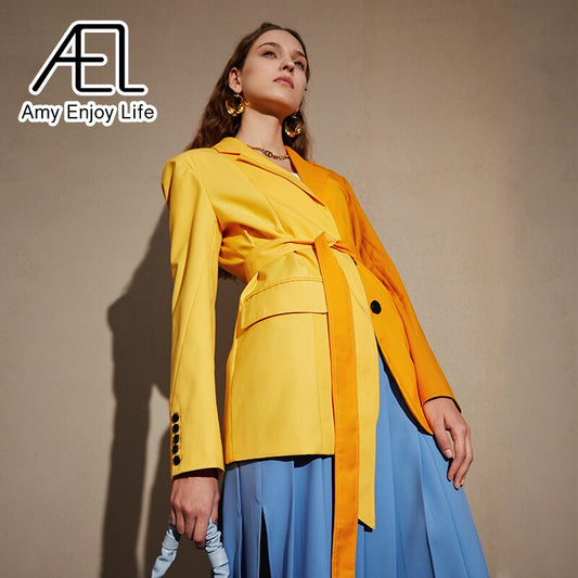 AEL Yellow Blazer Jacket Causal Women Long-Sleeve Loose Coat Color Blocking Fashion Streetwear - KAISERINC