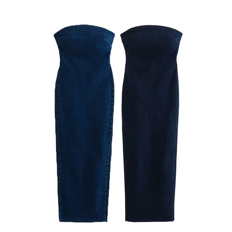 Summer Back Slit Dress Sexy Slim Backless Strapless Dress Female Long Denim Dress - KAISERINC