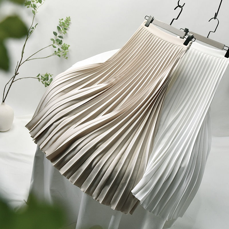 Women A-Line Spring Pleated Skirt Elegant High Waist Long Skirt - KAISERINC
