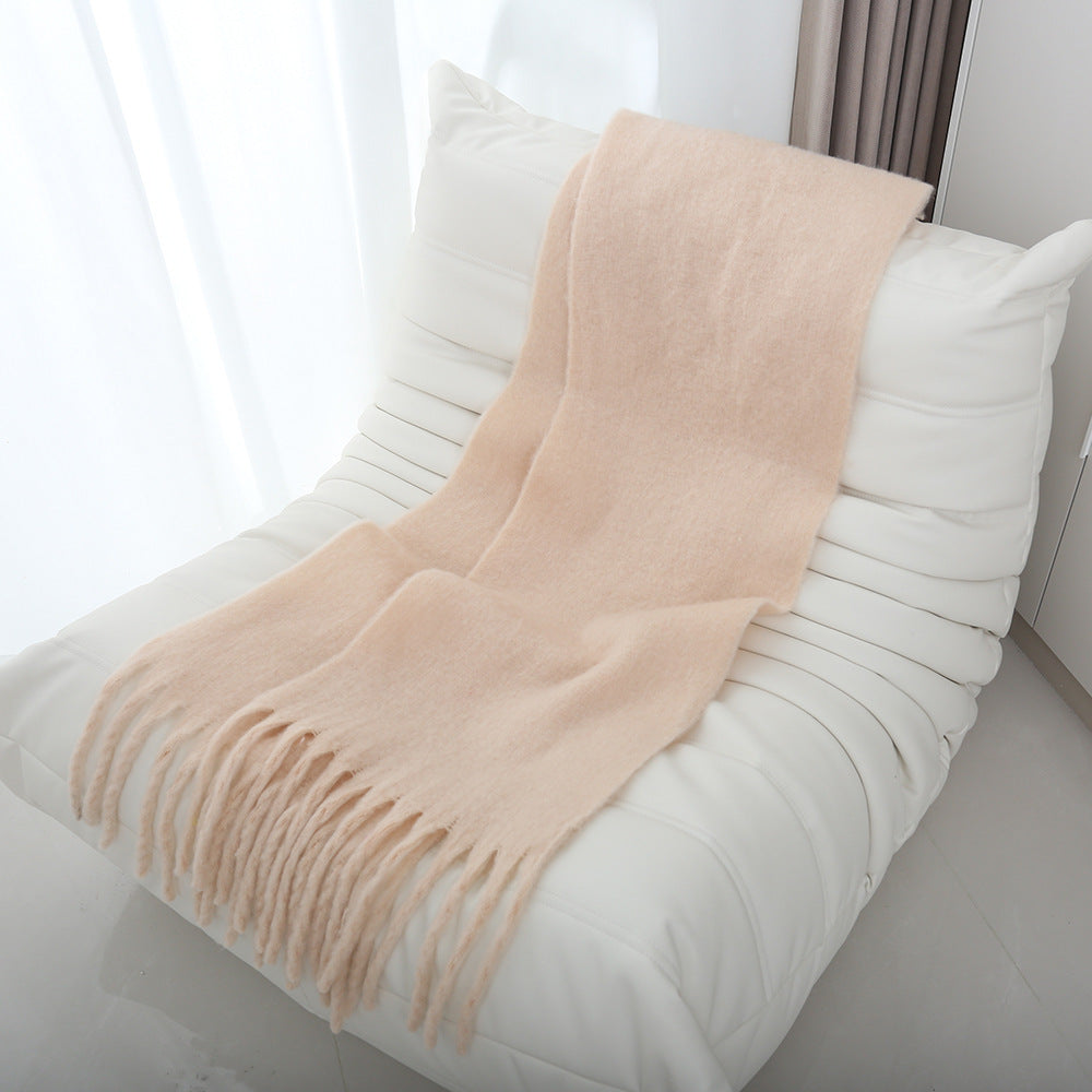 Mohair solid color scarf for women winter warm scarf macaron color thick braid tassel shawl - KAISERINC
