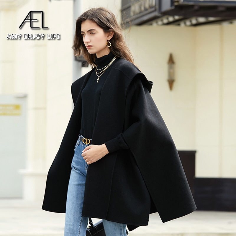 Original Customized Design Sense Woolen Poncho Coat For Street Photography New Hooded Short Coat For Women In Autumn And Winter - KAISERINC