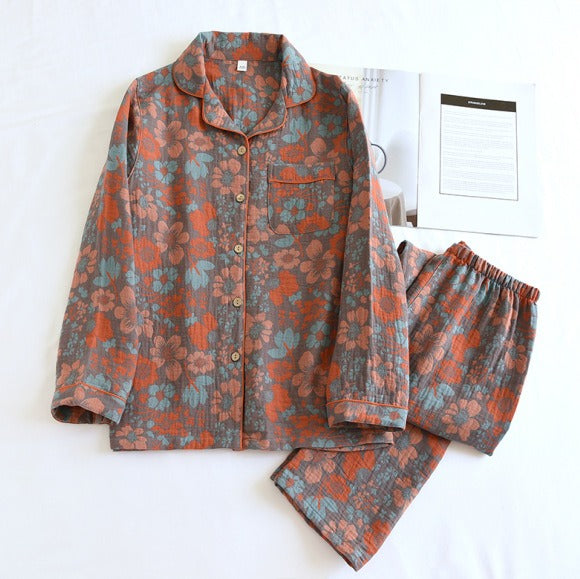 spring and summer women's pajamas suit long-sleeved trousers two-piece 100% cotton crepe flower leaves home clothes - KAISERINC
