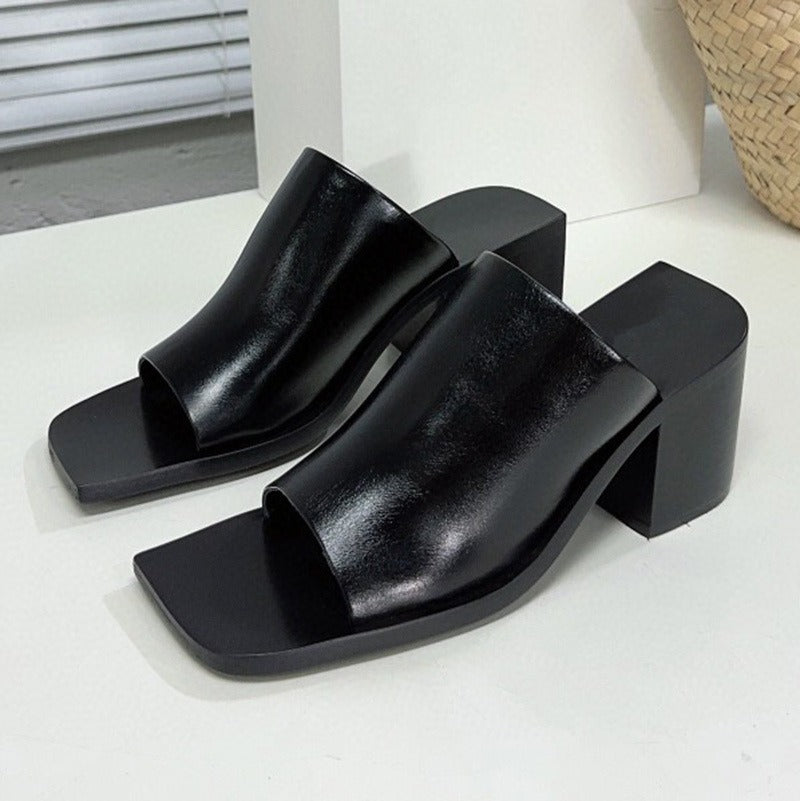 Sandals Fashion Minimalist Temperament Solid Thick Heel Commuter Slippers - KAISERINC