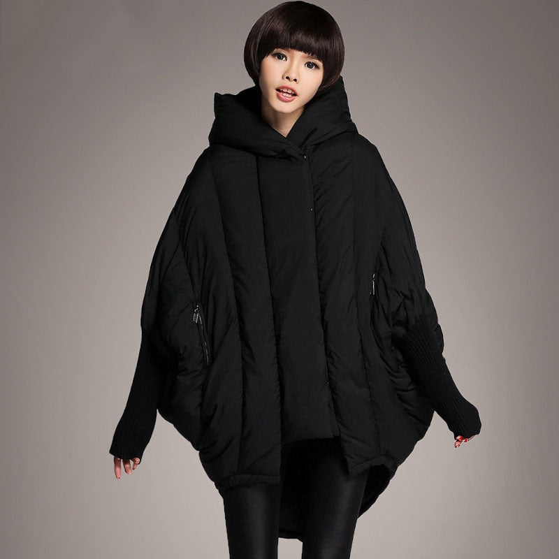 Down Jacket Women's New Mid Length White Duck Down Loose Pocket Hooded Cloak Jacket