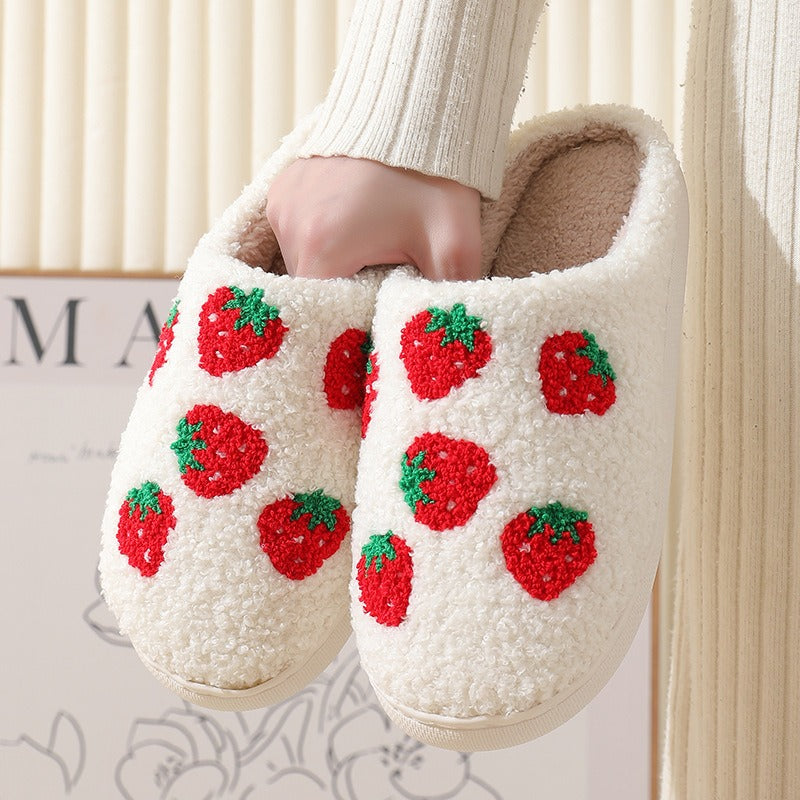 Comfortable home strawberry winter cotton slippers for men and women thick soled warm cotton slippers for couples - KAISERINC