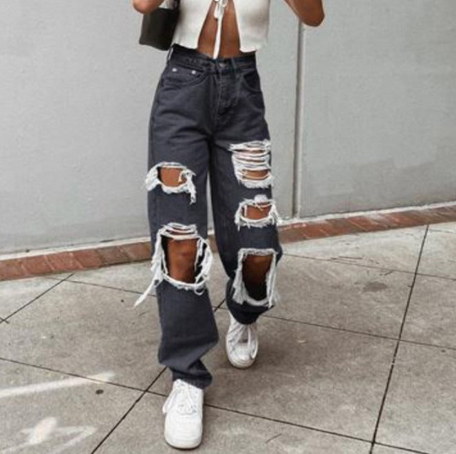 Sexy Summer Ripped Jeans Woman High Waist Holes Destroyed Broken Wide Pants Vintage Female Denim Trousers Distressed Designer - KAISERINC