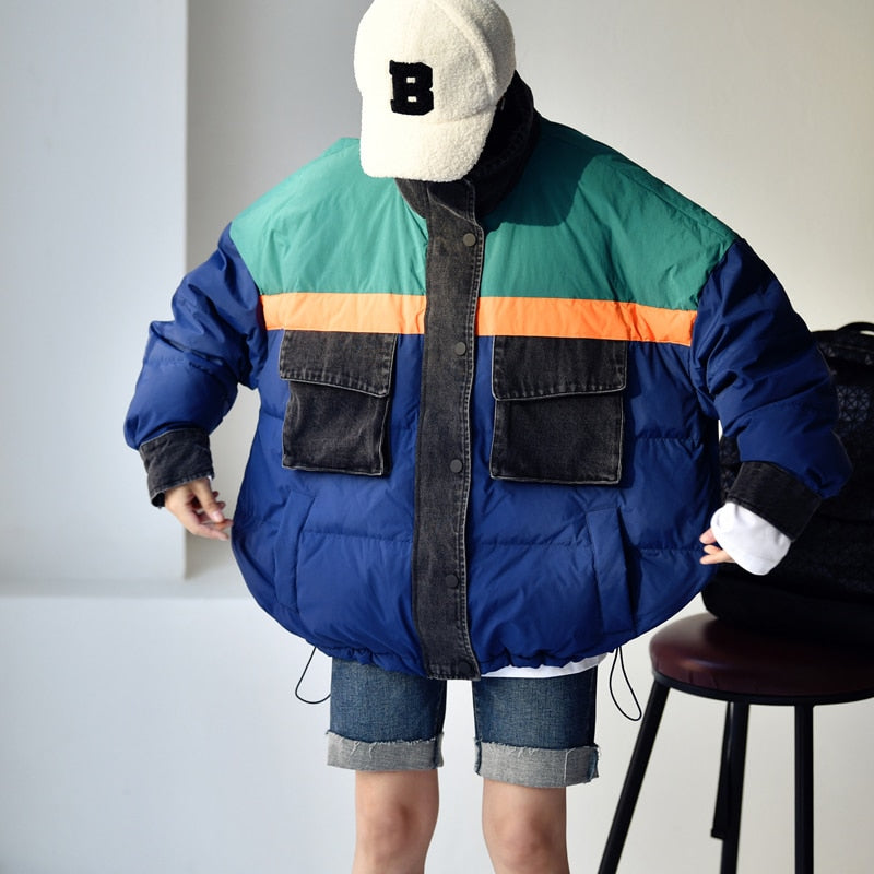 Korean Casual Neutral Stitching Color Cowboy stitching  loose  Standing Collar White Duck Down Jacket