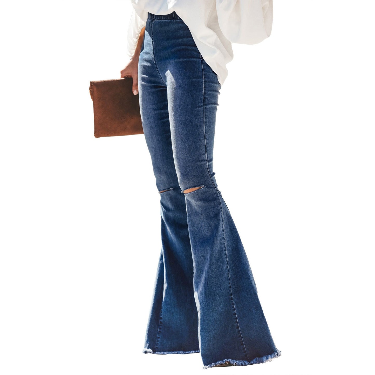 New Black and Blue Women's High Waist Denim Flared Pants Ripped Elastic Waist Jeans - KAISERINC