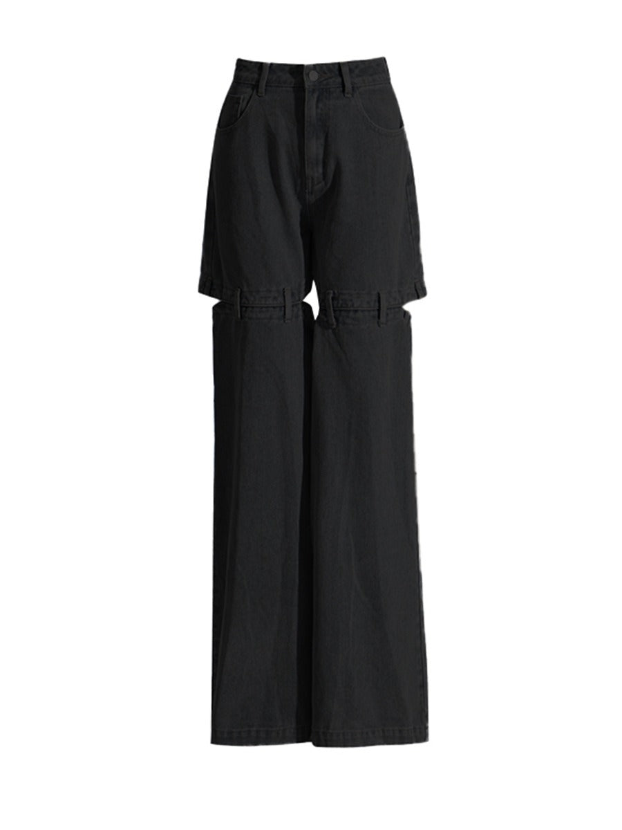 Solid Hollow Out Jeans For Women High Waist Patchwork Zipper Minimalist Casual Wide Leg Jean Female - KAISERINC