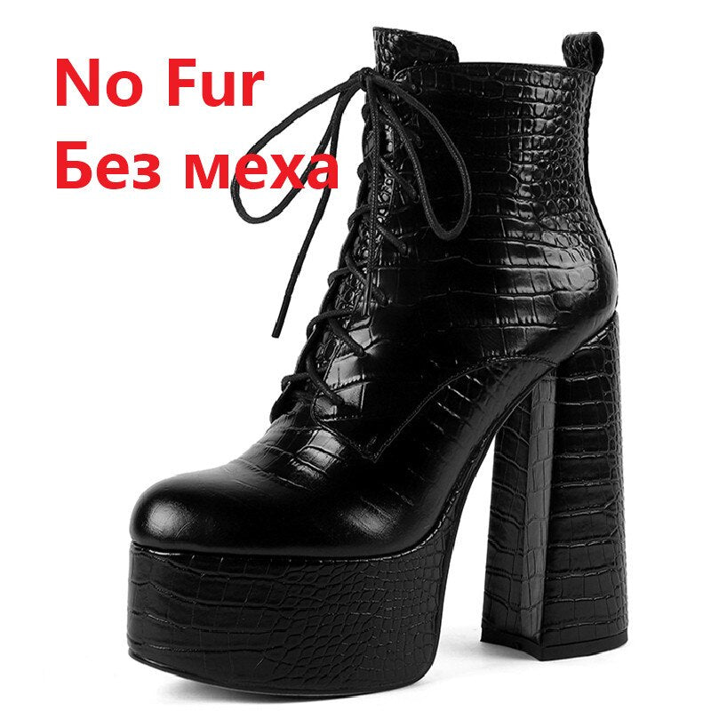 Elegant Mature Women Ankle Boots Cross-Tied Platforms Genuine Leather High Heels Party Office Autumn Winter Shoes - KAISERINC