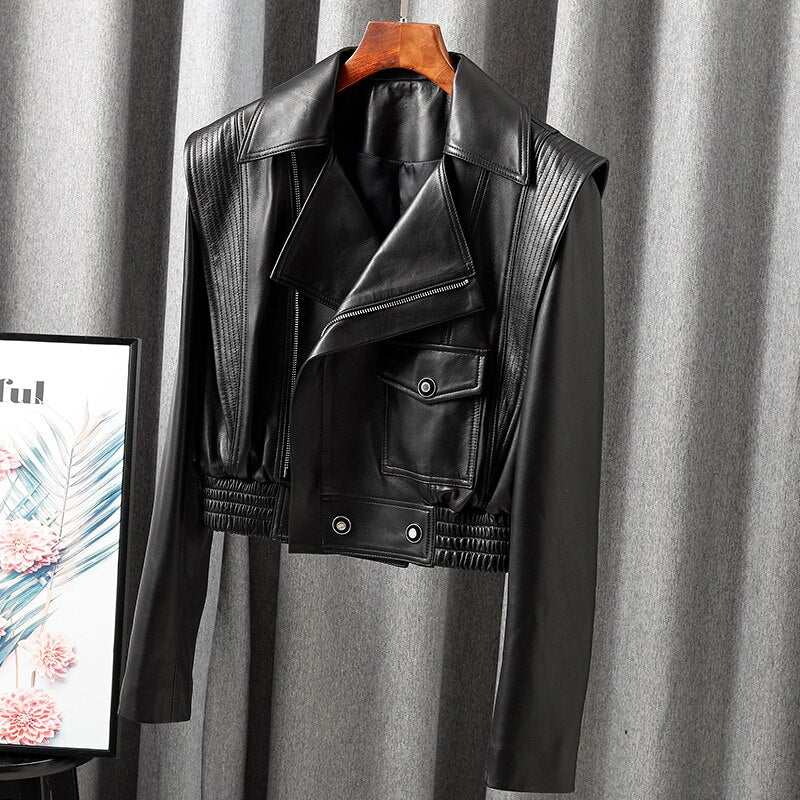 Jacket For Women New European Genuine Leather Coat Female Zipper Large Lapel Short Oversize Locotive Whtie - KAISERINC