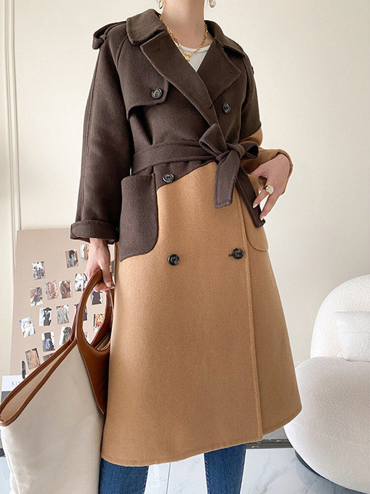 Loose Fit Khaki Color-block Big Size Woolen Coat Parkas New Long Sleeve Women Fashion Trend Autumn Winter - KAISERINC