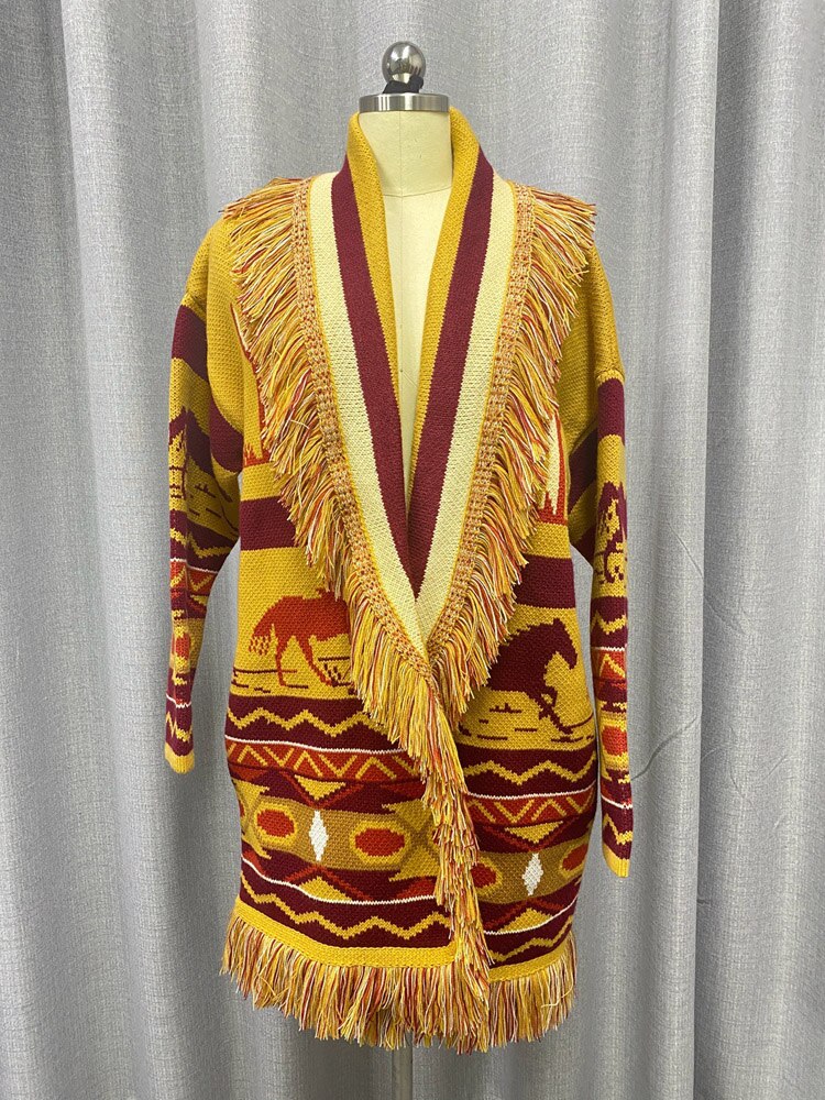 WQJGR Autumn Winter Cardigan Sweater Women Wool Kniited Tassel Geometric patterns Loose Full Sleeve High Quality Jacket Female