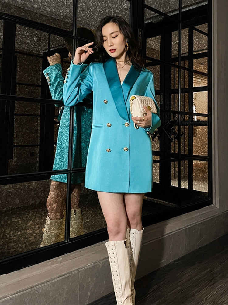 Fashion Women's Blazer Shawl Collar Contrast Color Double Braested Long Sleeve Suit Jackets Female Autumn New - KAISERINC
