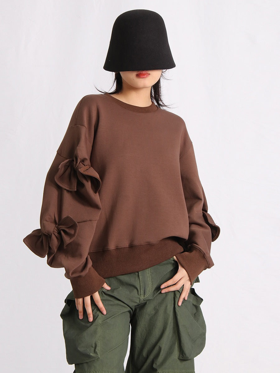 Patchwork Bow Sweatshirts For Women Round Neck Long Sleeve Loose Casual Pullover Solid Sweatshirt Female Fashion - KAISERINC