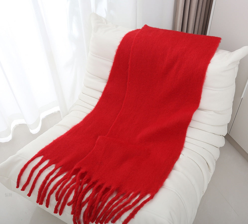 Mohair solid color scarf for women winter warm scarf macaron color thick braid tassel shawl - KAISERINC