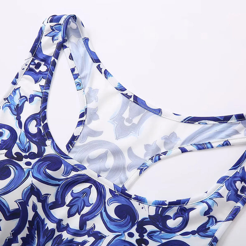 Fashionable Gas Field Cloak Vest Yoga Three-Piece Blue And White Positioning Printing Fried Street Women's Suit