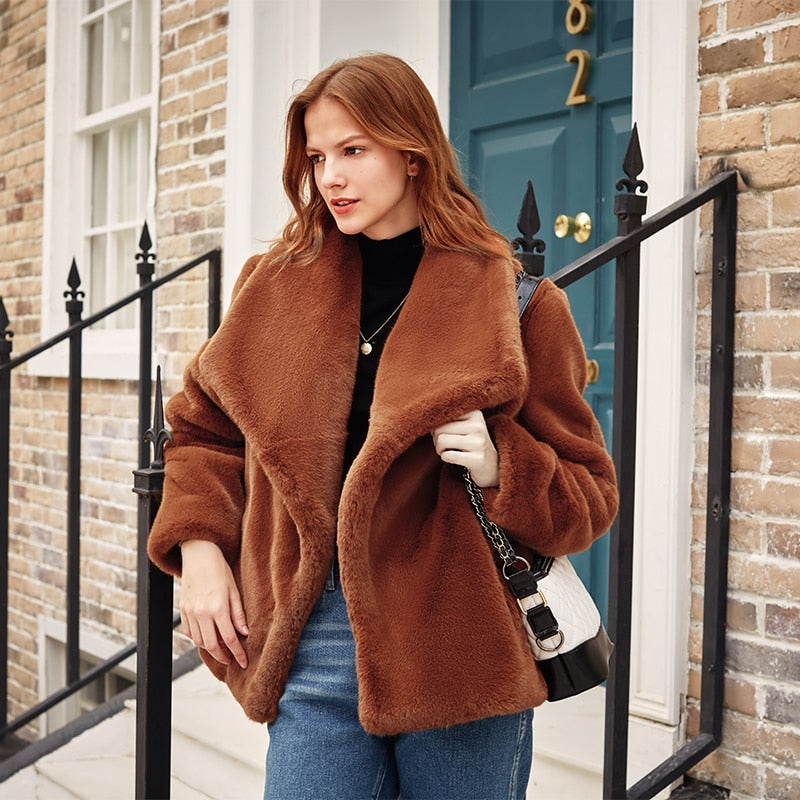 Caramel Fashionable Large Lapel Fur Coat Women's Autumn And Winter Thickened Short Coat - KAISERINC