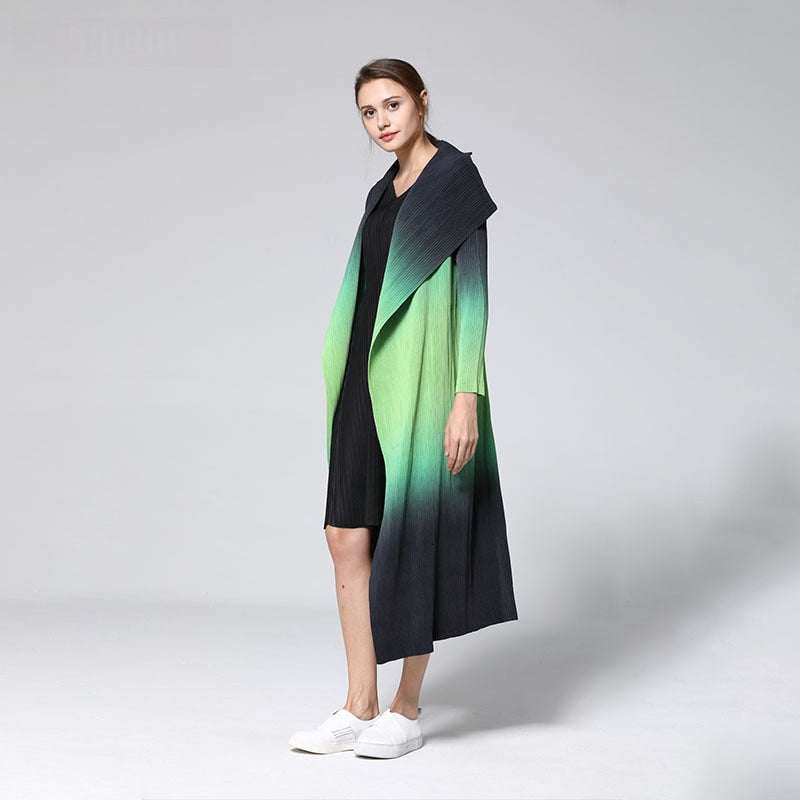 New Fashion Pattern Pleated Leisure Long Sleeve Cardigan Large Lapel Gradient Color Slim Women's Trench Coat - KAISERINC