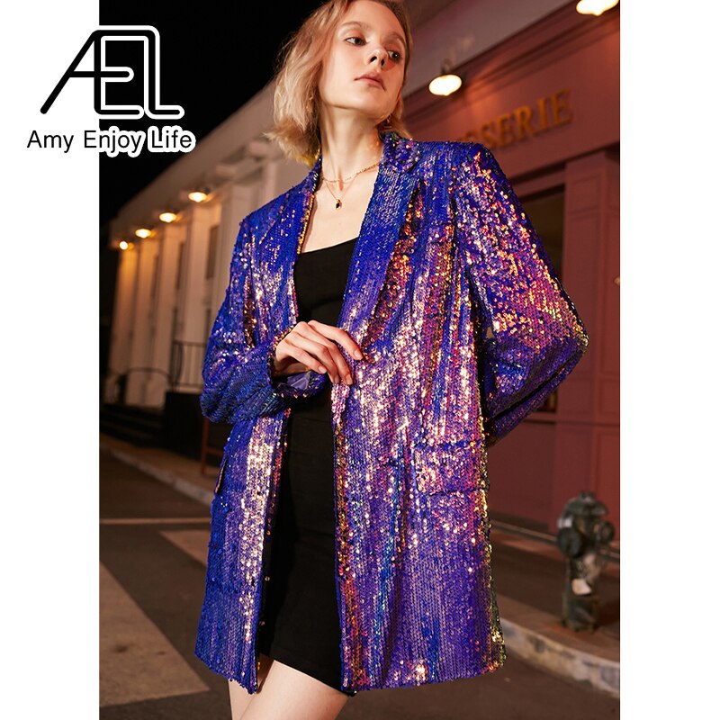 AEL Blue Glitter Gradient Blazer Woman Jacket Coat Fashion Loose Casual Spring Ladies Streetwear New - KAISERINC