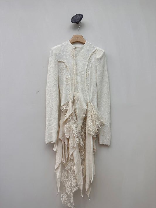 Solid Spliced Lace Blouses For Women Round Neck Long Sleeve Tunic Irregular Hem Skimming Shirt - KAISERINC