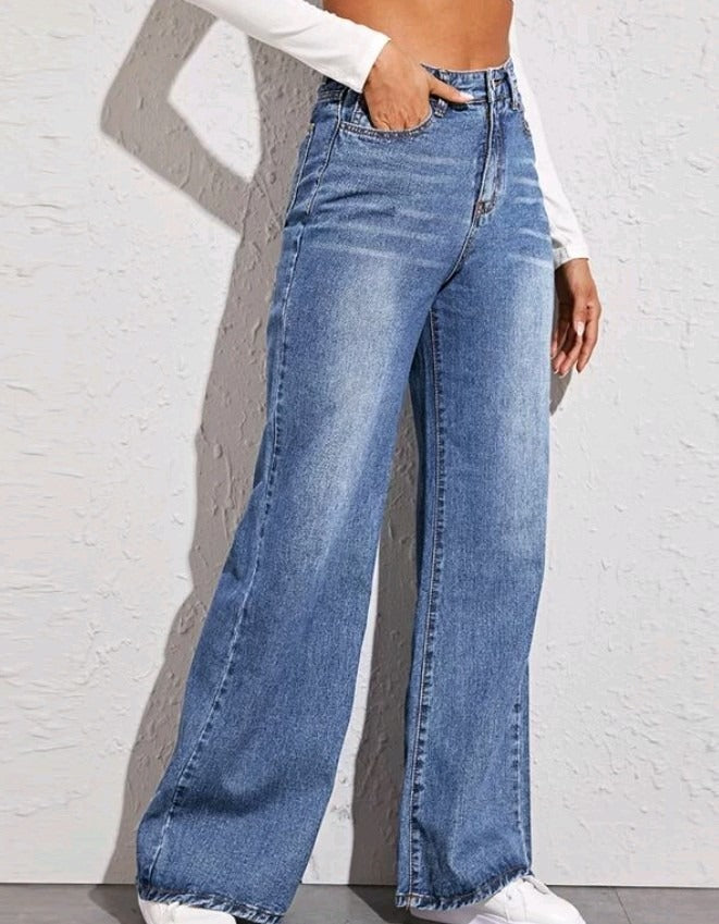 High Waist Loose Jeans For Women Fashion Casual Denim Wide Leg Pants Street Casual Trousers - KAISERINC